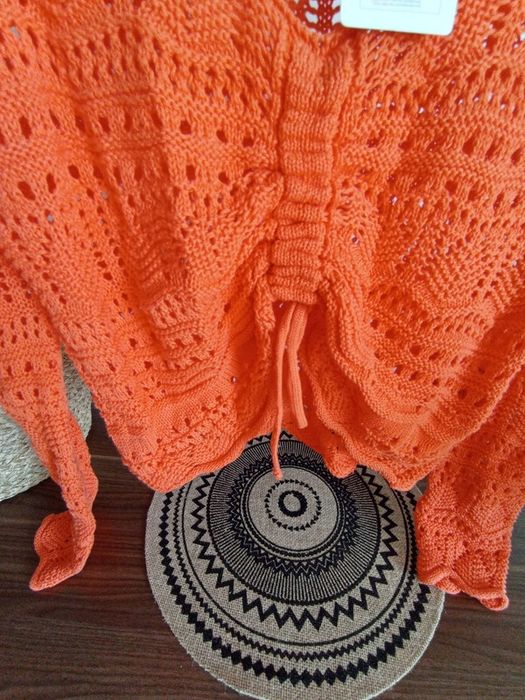 Pomarańczowy ażurowy sweterek ze ściągaczem na lato XS S nowy