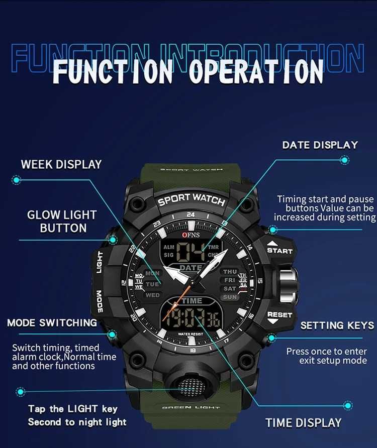 Duży militarny zegarek męski zielony cyfrowy WR50 LED sportowy