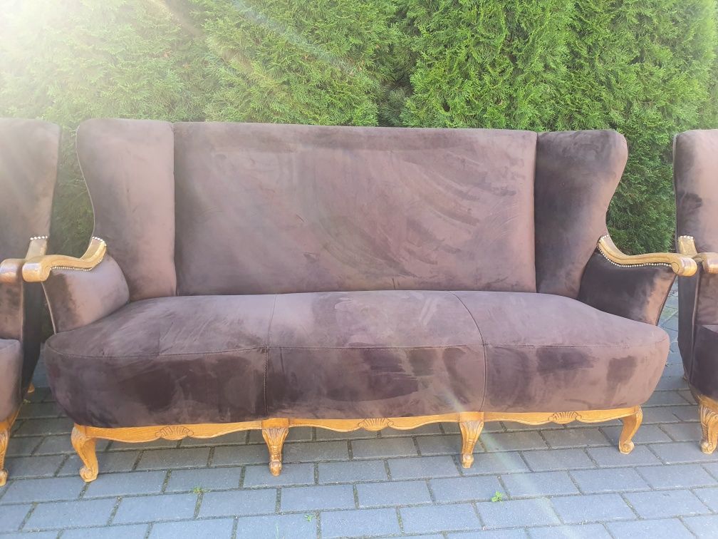 Komplet wypoczynkowy, kanapa z fotelami w stylu ludwikowskim