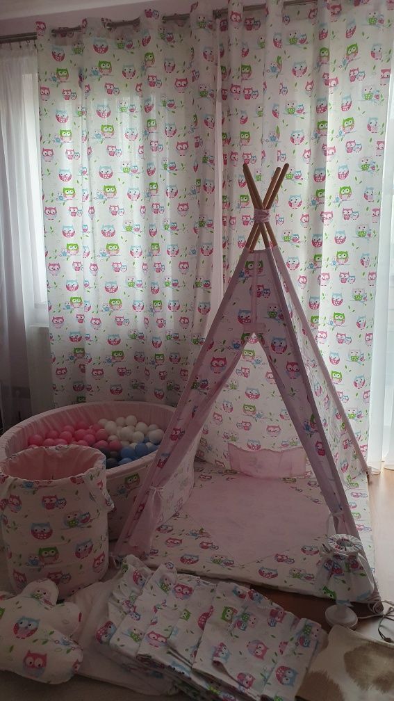 Basen z kulkami, tipi, zasłony, pościel,lampy - wzór sówki