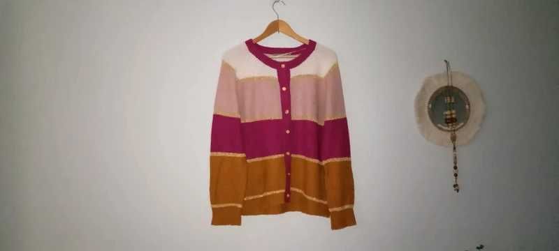 Fuksja róż kremowy kardigan w paski moher wełna rozmiar l 40 b.young