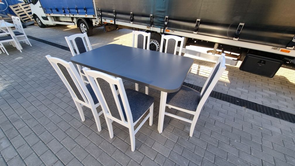 Od ręki: Stół rozkładany + 6 krzeseł, bialy/blat grafit + grafit