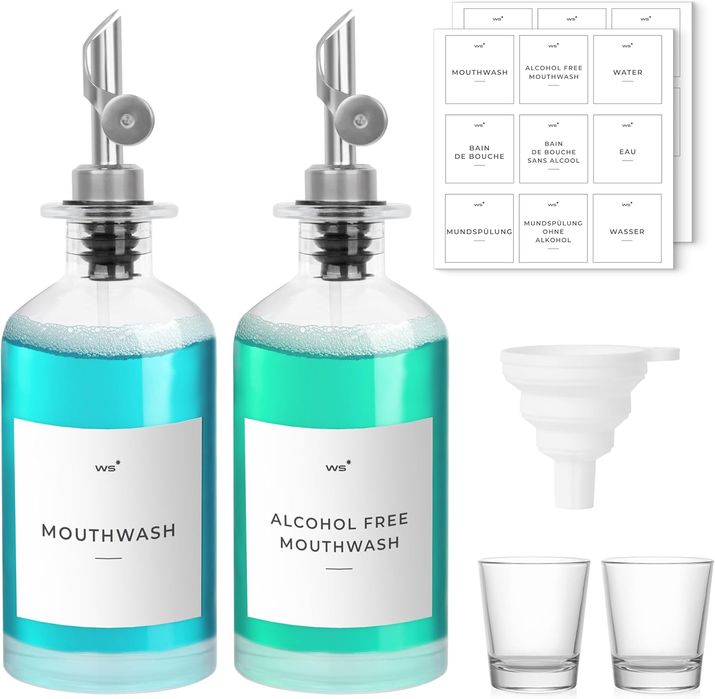 2x Elegancki Dozownik do Płukanki Ustnej Szklany 350ml z Akcesoriami