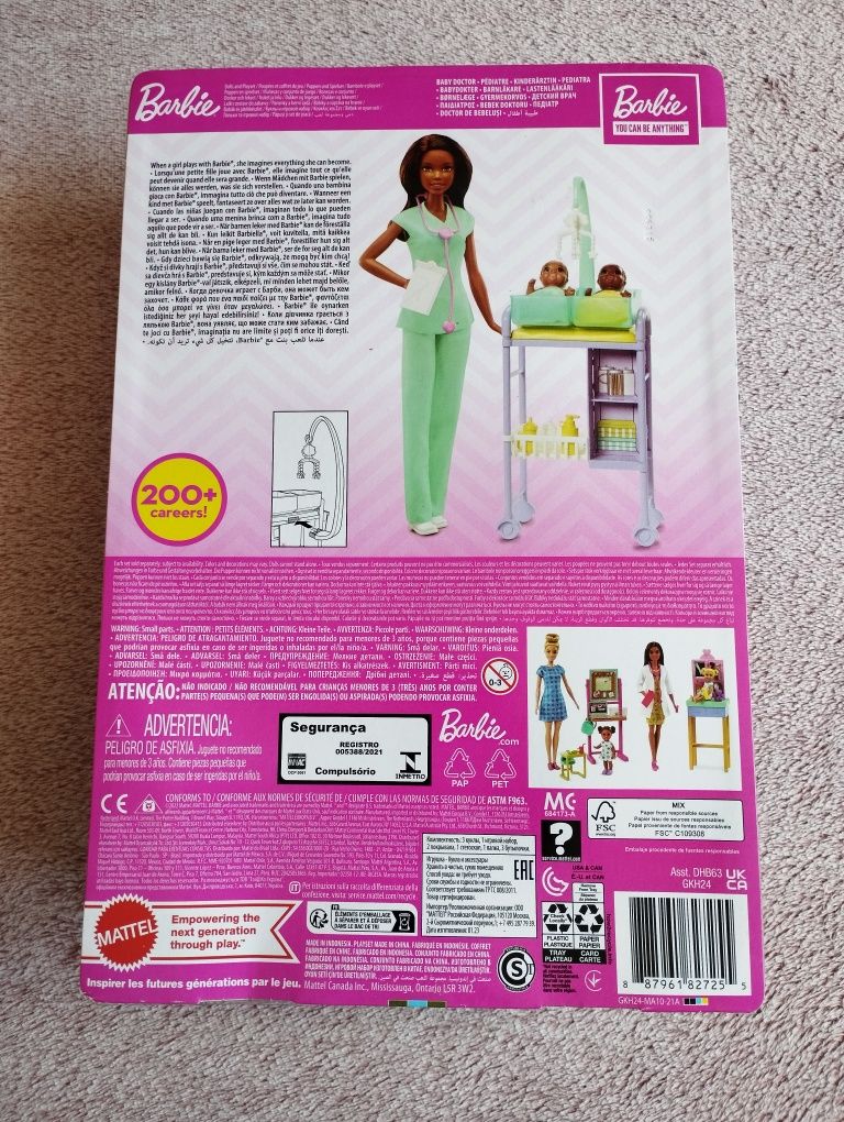 Barbie lalka lekarz położna brunetka zestaw bobasy akcesoria nowy