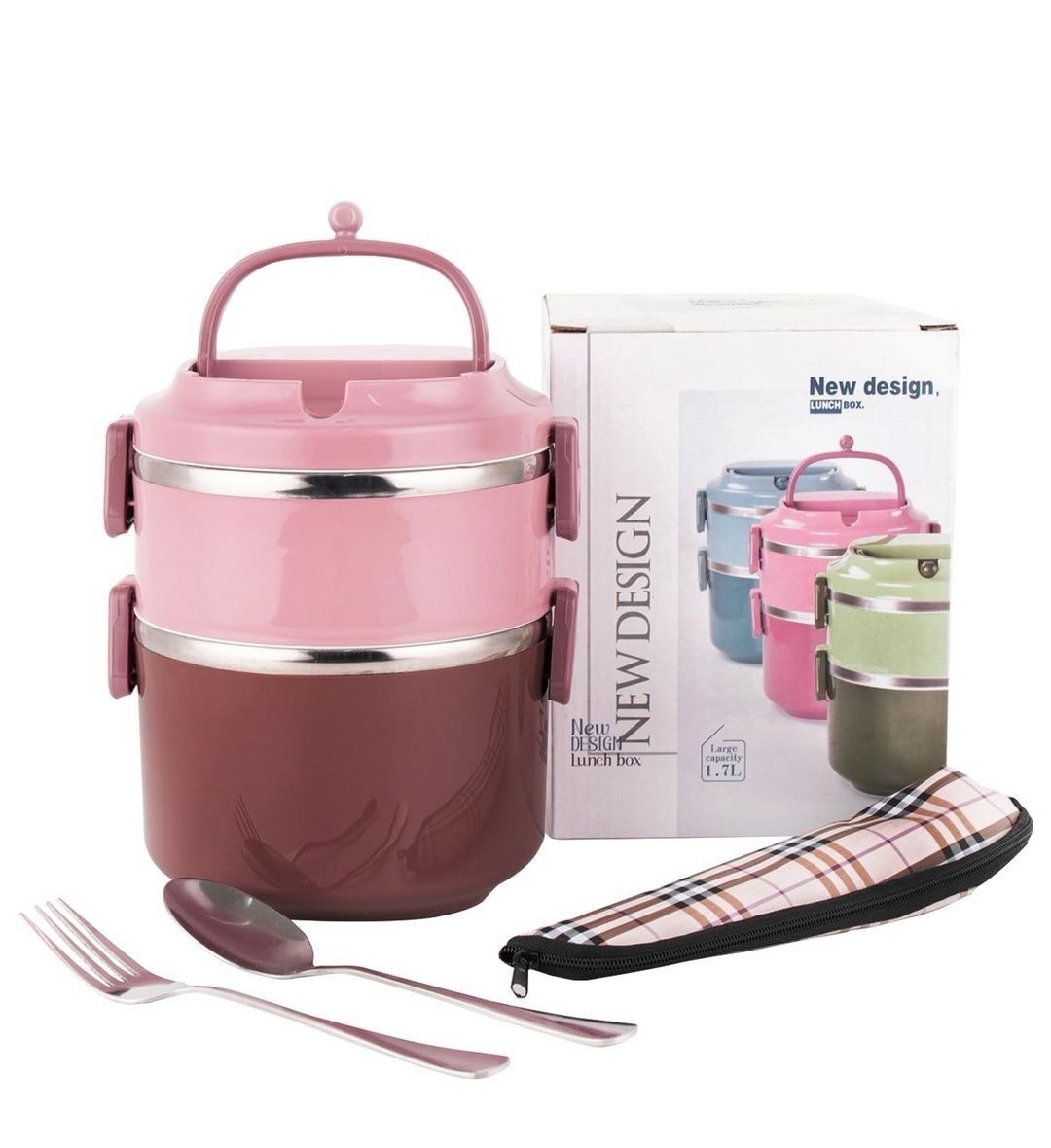 Lunch box 1,7L z dwoma pojemnikami, stelażem, sztućcami – nowy