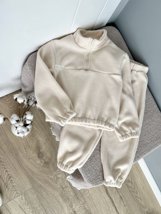 Теплий дитячий флісовий костюм рожевий, молочний, бежевий