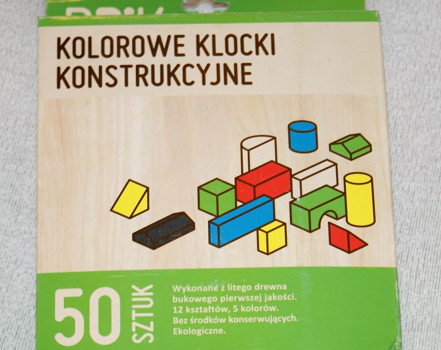 Kolorowe drewniane KLOCKI konstrukcyjne komplet 50 Sztuk, 3+