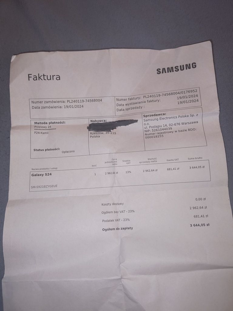 Samsung S24 GWARANCJA dowód zakupu