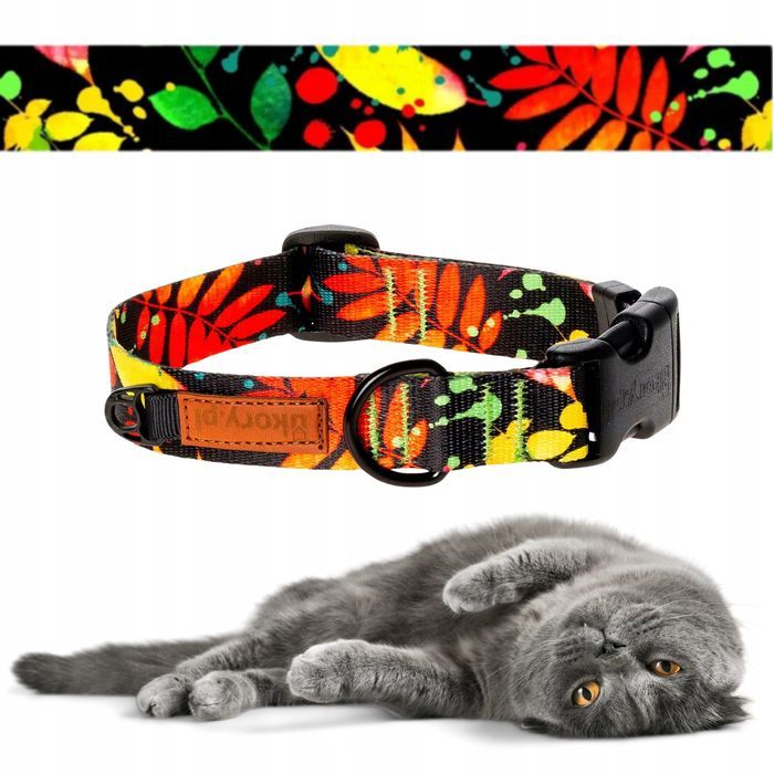 materiałowa obroża dla kotki z regulacją 30-36cm  czarna wzór w liście