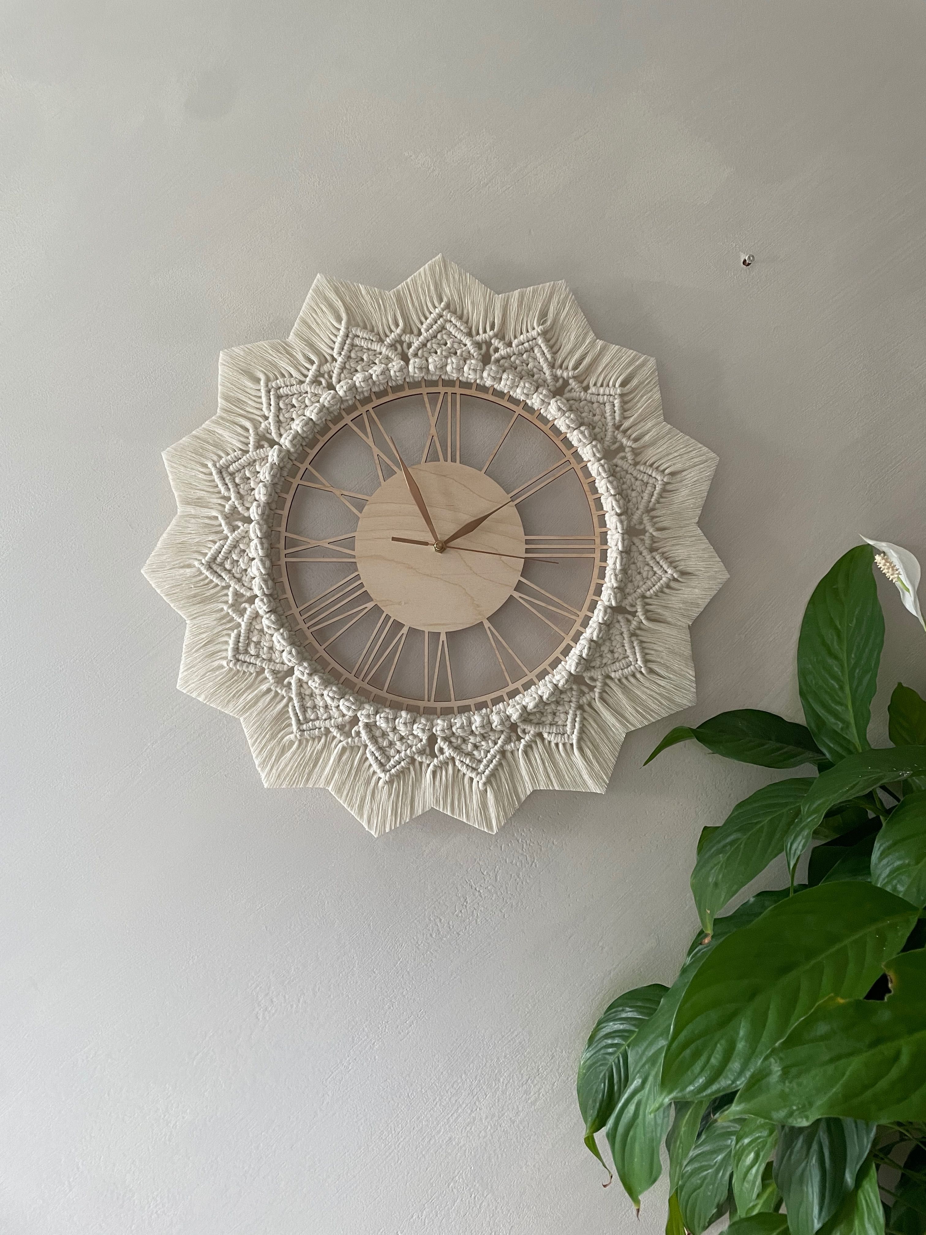Zegar ścienny na ściane wiszący makrama boho sklejka drewno mandala