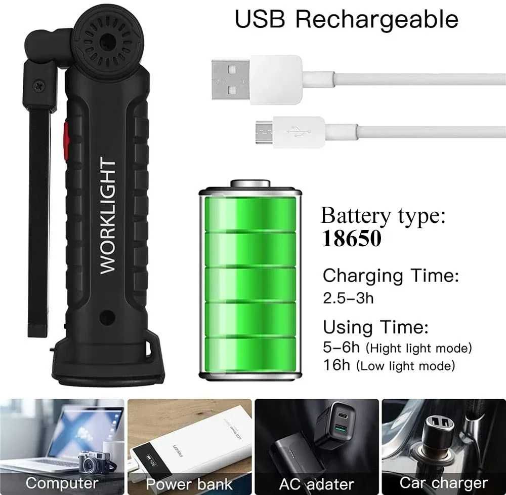 Światło robocze COB LED z magnetyczną końcówką i baterią 18650 latarka