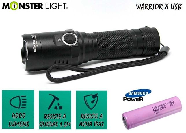 Kit lanterna MonsterLight Warrior X com bateria recarregáveis Samsung