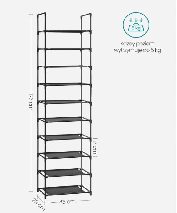 SONGMICS Półka na buty, 10-poziomowy 28 x 45 x 173 cm LSH010B02