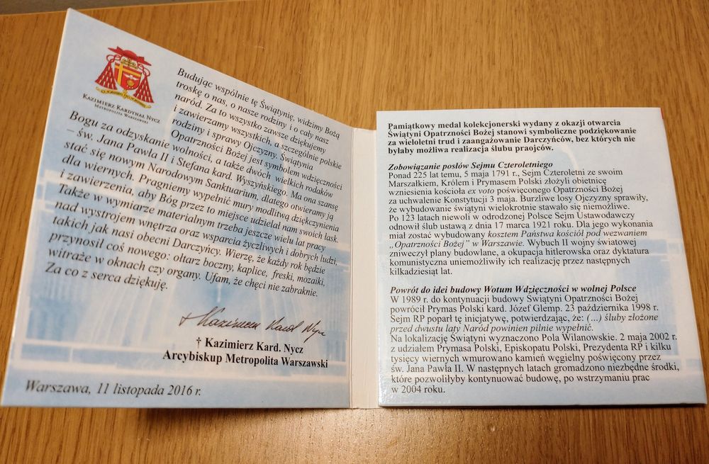 Medal Pamiątkowy Otwarcie Świątyni Opatrzności Bożej
