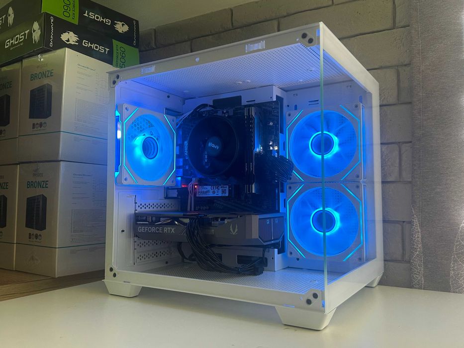 Nowy Komputer Gamingowy RTX 5060 Ryzen 5 16GB RAM Biały Akwarium FV23%
