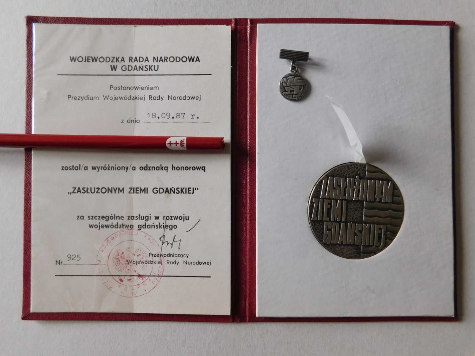 Medal i odznaka  ZASŁUŻONYM ZIEMI GDAŃSKIEJ 1987 legitymacja