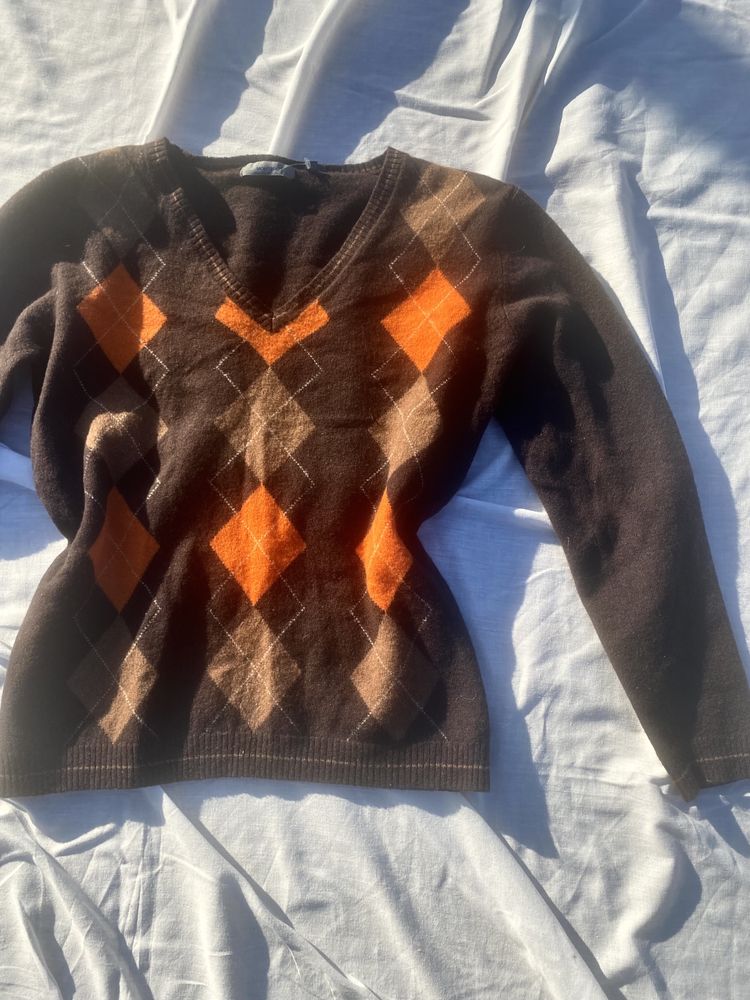 Wełniany brązowy sweterek w romby S 36 100% wełna vintage