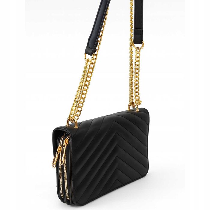 Torebka Damska Listonoszka Czarna Skóra Eko Pikowana Złoty Łańcuszek
