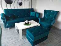 RATY komplet zestaw wypoczynkowy sofa rozkładana Glamour uszak fotel