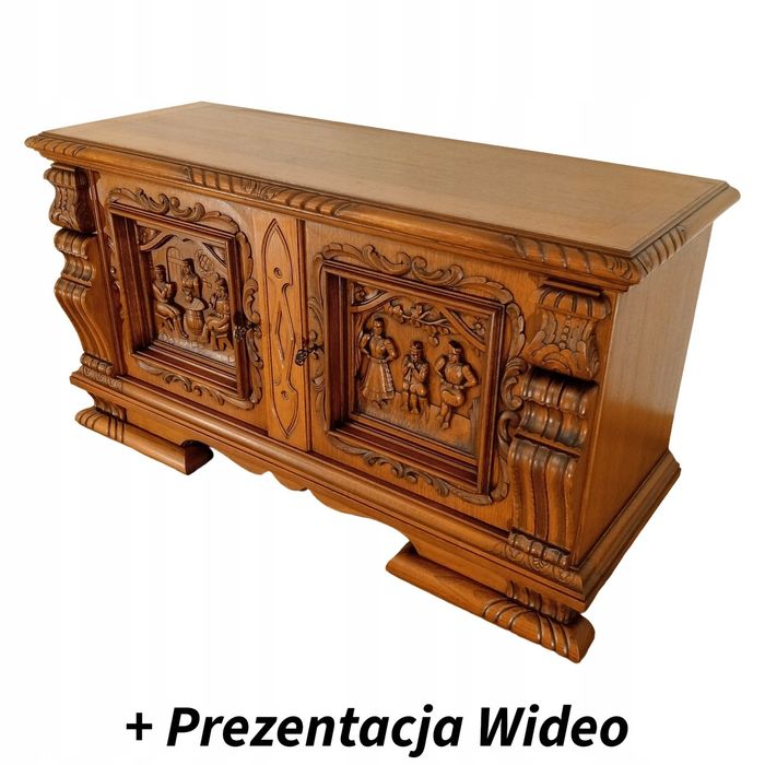 Efektowna komoda szafka art deco vintage dąb niska pod telewizor