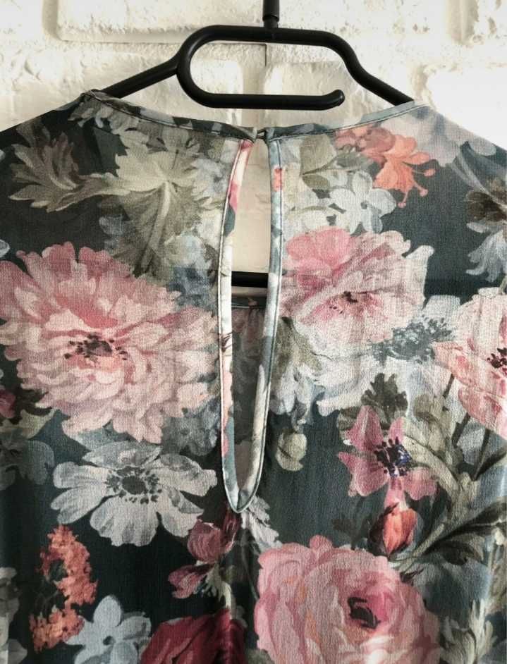 Zara HIT cudna pastelowa midi sukienka w kwiaty szyfonowa  S