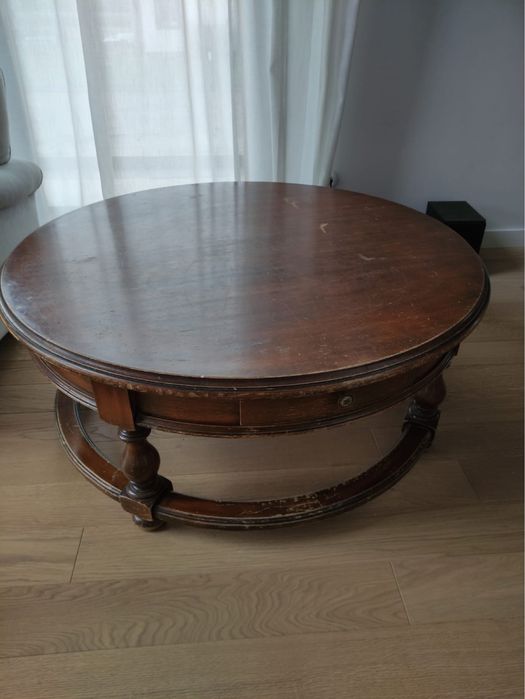 Drewniana ława, okrągła, stolik, antyk