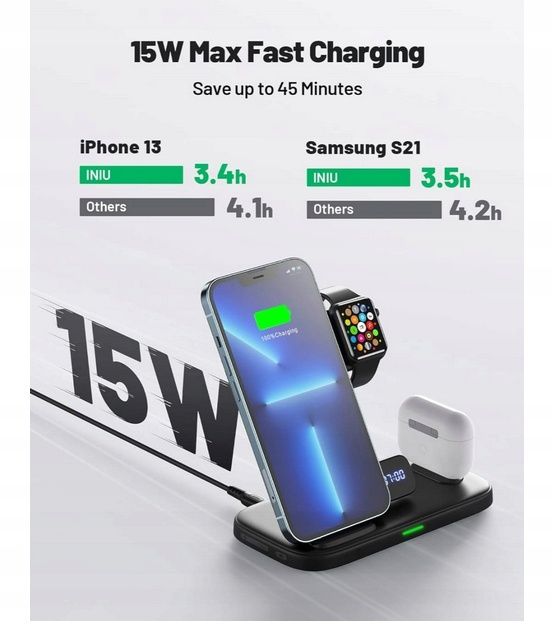 Szybka ładowarka indukcyjna 4w1 ZEGAR INIU WI-220