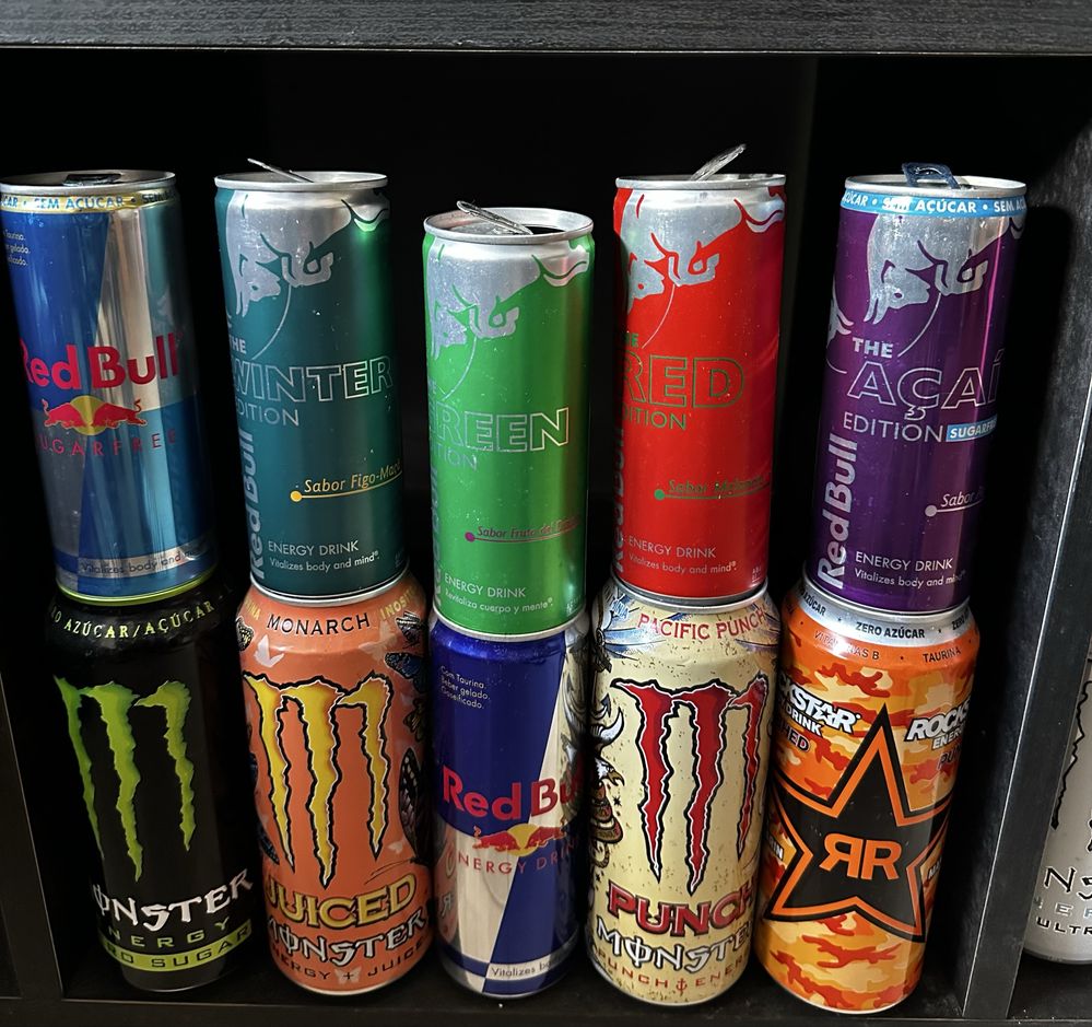 colecao bebidas energeticas, monster, redbull e rockstar