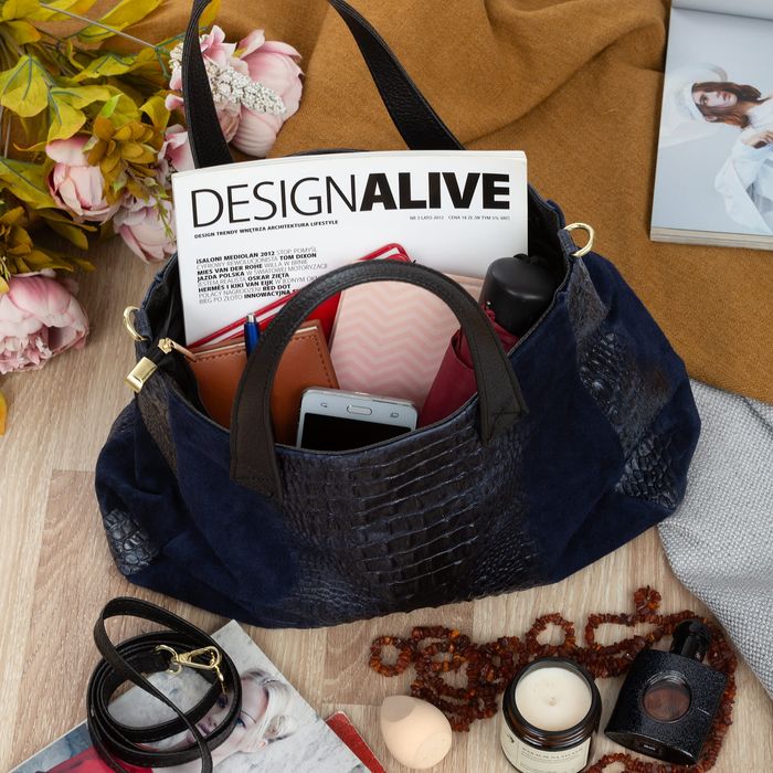 VERA PELLE torebka zamszowa shopper kroko z paskiem V543 granatowa