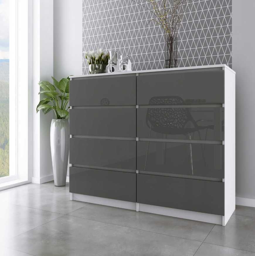 Nowoczesna Komoda na wysoki połysk 120cm Szafka 8 Szuflad