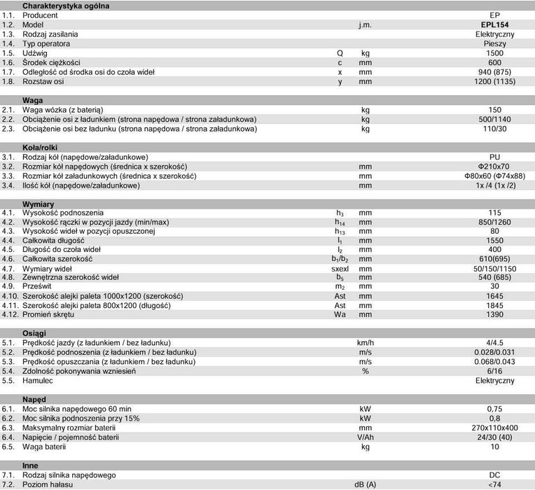 Wózek elektryczny paleciak EP EPL154