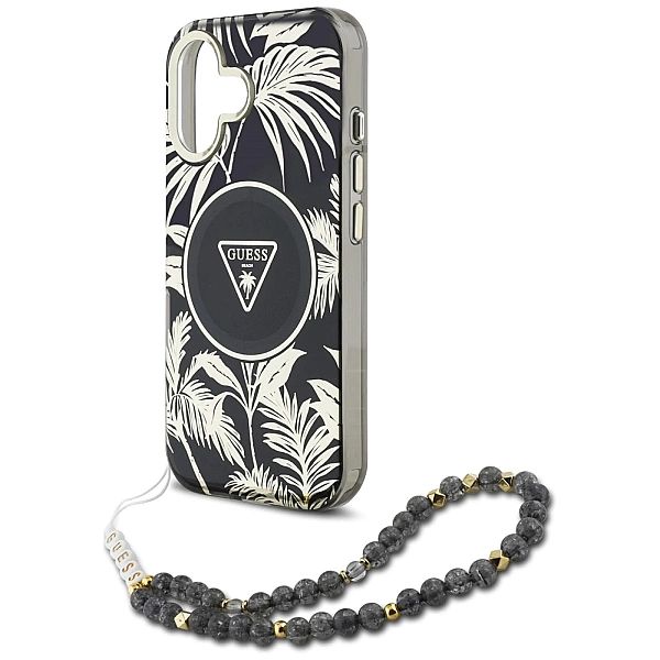 Etui Guess Palm Trees Triangle Pearl Strap MagSafe do iPhone 16 czarny