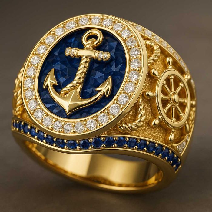 Złoty sygnet pierścień Marynarza Kapitana Żeglarza 18g pr 585 z brylan
