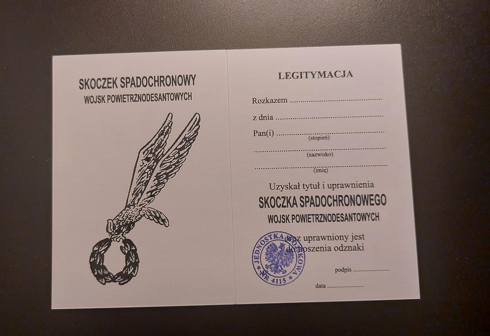 Legitymacje skoczka spadochronowego WPD