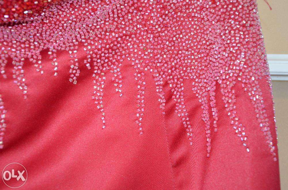 Piękna bordowa suknia balowa, wieczorowa z koralikami + szal Poprawiny