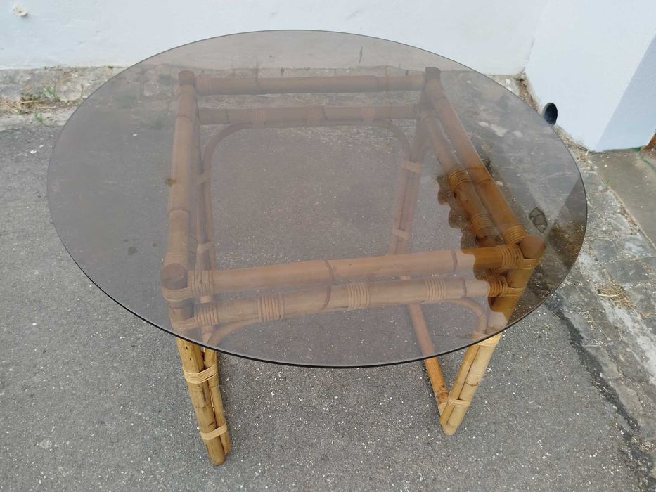 Mesa bambu com tampo de vidro 1m