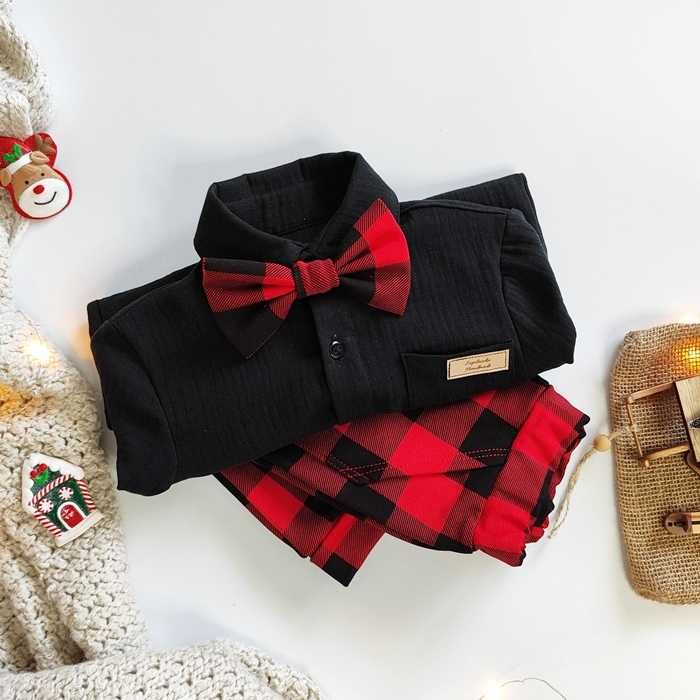 Elegancki ZESTAW chłopięcy muślinowa koszula czarna czerwona krata 92