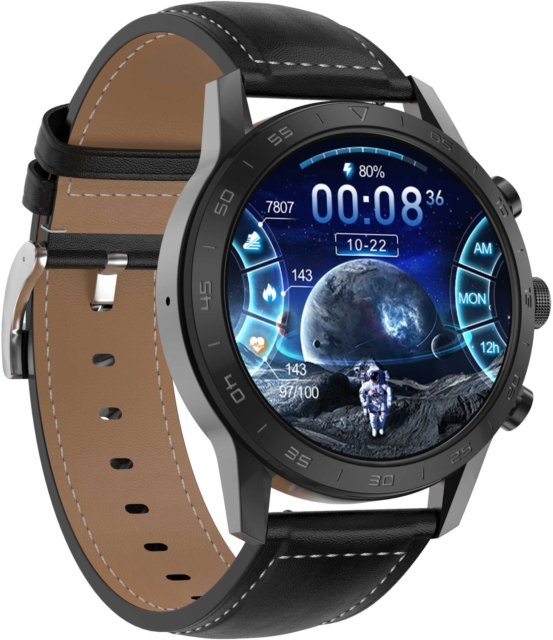 PASEK SKÓRZANY CZARNY (białe przeszycie) 22mm do smartwatcha zegarka