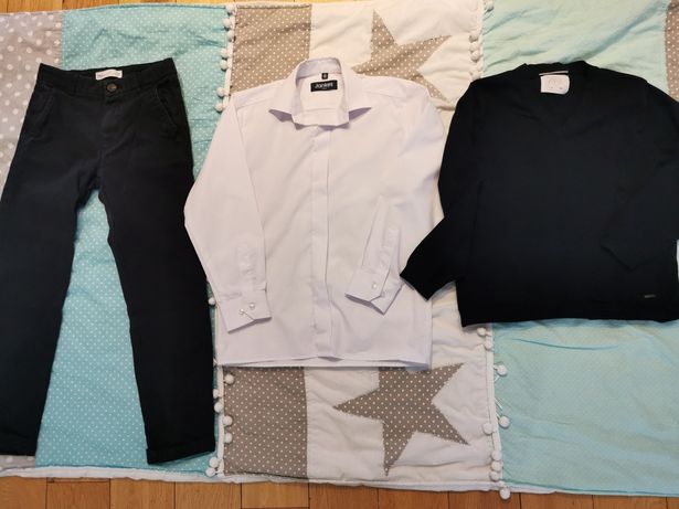 Strój galowy 134 Zara koszula spodnie sweterek jak nowe