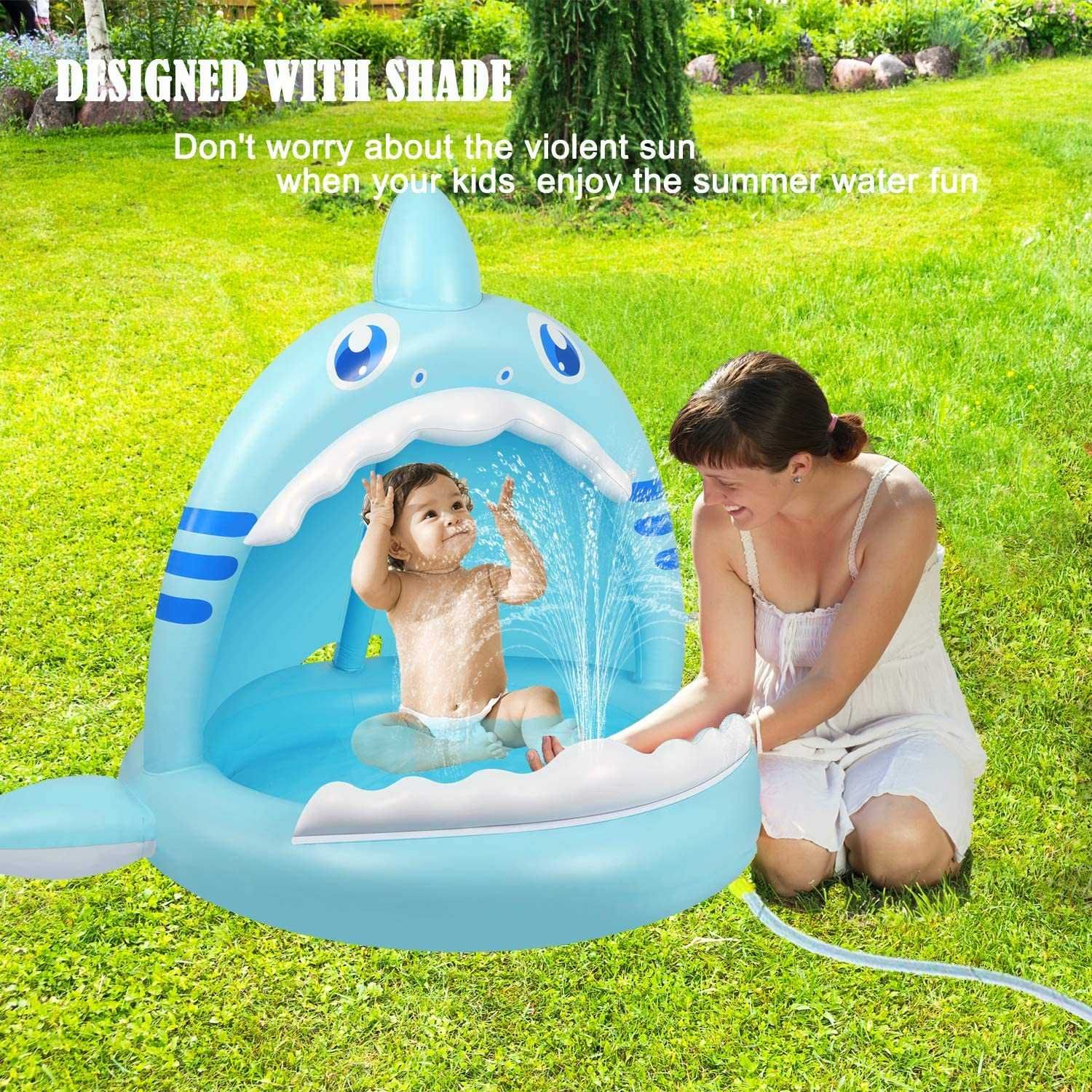 Piscina insuflável para bebés, de tubarão com toldo e pulverizador