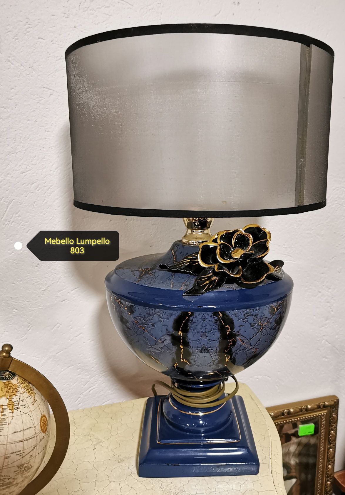 Lampa stojąca do salonu sypialni porcelanowa niebieska złota 804