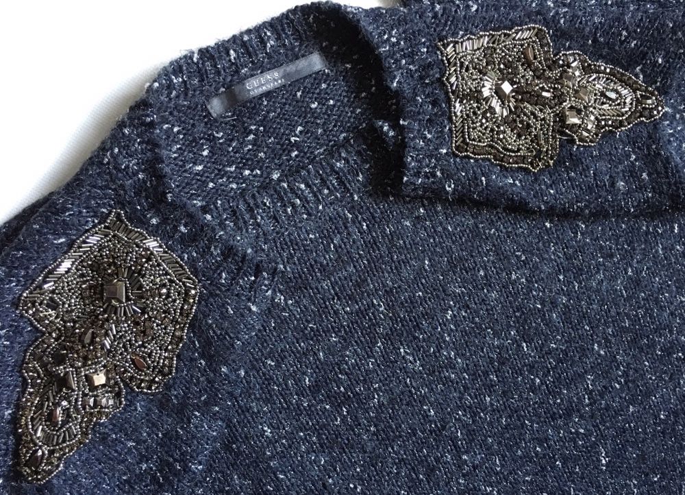 Guess sweter granatowo-srebrny regular L XL 40/42 wełna pagony oversiz