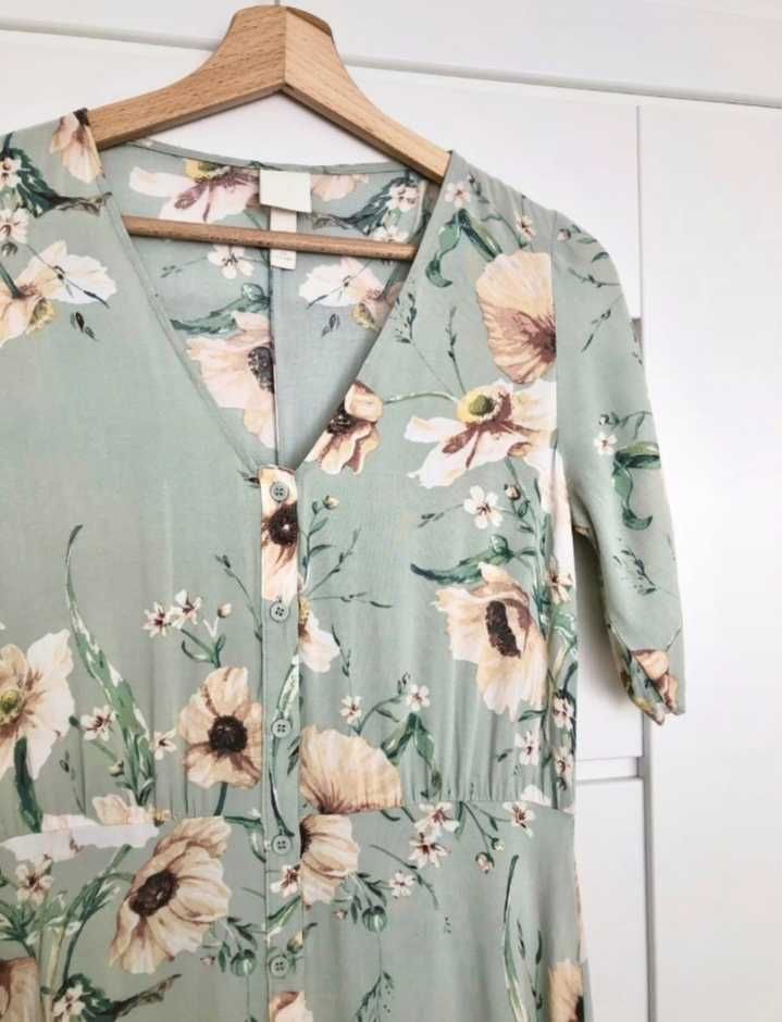 H&M pistacjowa sukienka w kwiaty z wiskozy L/XL