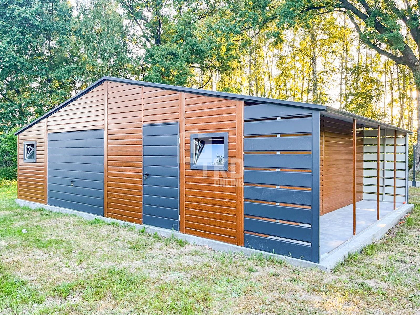 Garaż Blaszany 8,5X6M + Wiata 1,5X6M Brama Uchylna Drzwi 3 Okna Tkd263