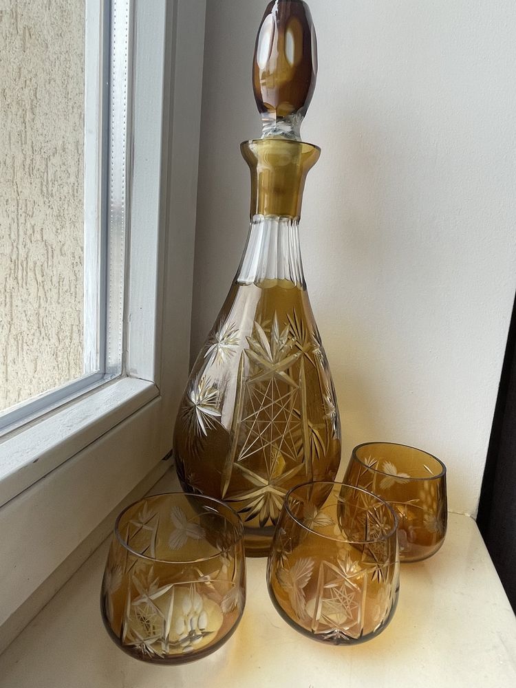 Kolekcjonerska wysoka kryształowa karafka szklanki PRL Vintage