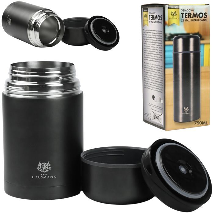 Termos Obiadowy Duży Nierdzewny Pojemnik Termiczny Na Zupę Czarny 0,75