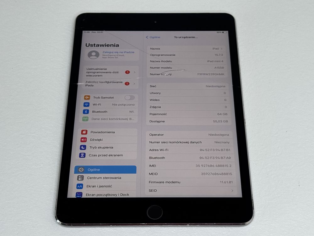 iPad mini 4 64GB (A1550) - Cellular (LTE) - pęknięty - faktura VAT 23%