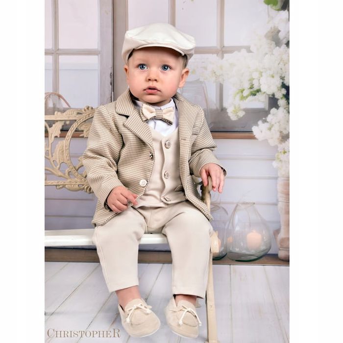 Garnitur chłopięcy z koszulo-body Beżowy w pepitkę z kamizelką