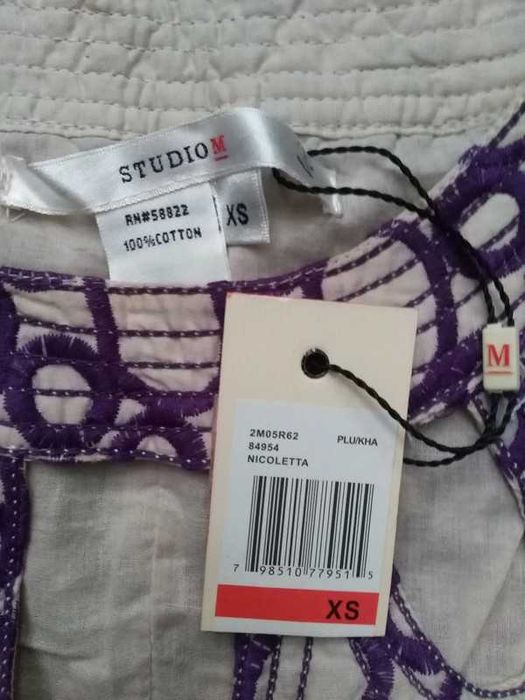 Nowa sukienka letnia suknia bawełna 34 XS Macy's beżowa fioletowa