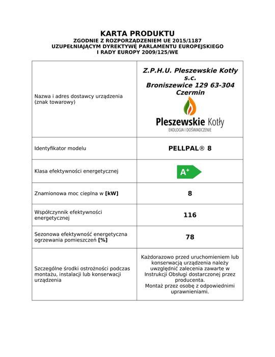 Kocioł c.o. na pellet 8kW PellPal Slim Dotacja 5 klasa Ekodesign 40cm